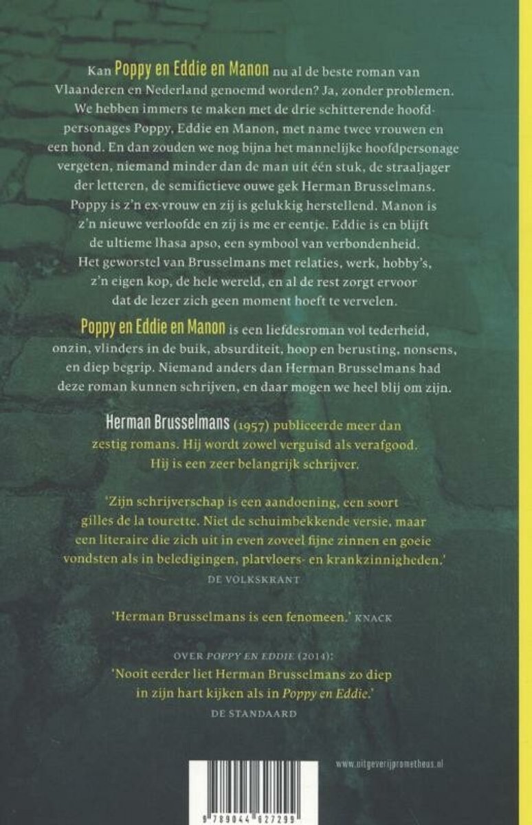 Boek "Poppy en Eddie en Manon" van Herman Brusselmans. Achterkant met tekst over het boek en de auteur. Promotheus logo.
