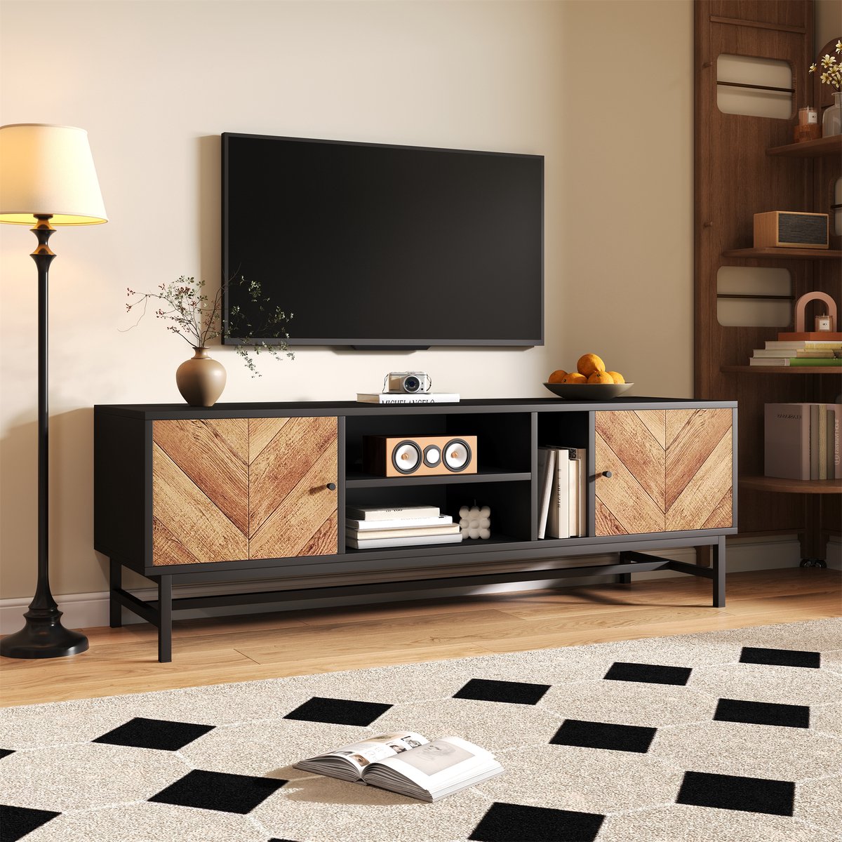 REDOM TV-meubel - metaal - met deuren - 150*38*55cm + Black+Natural Zwart+Natuurlijk