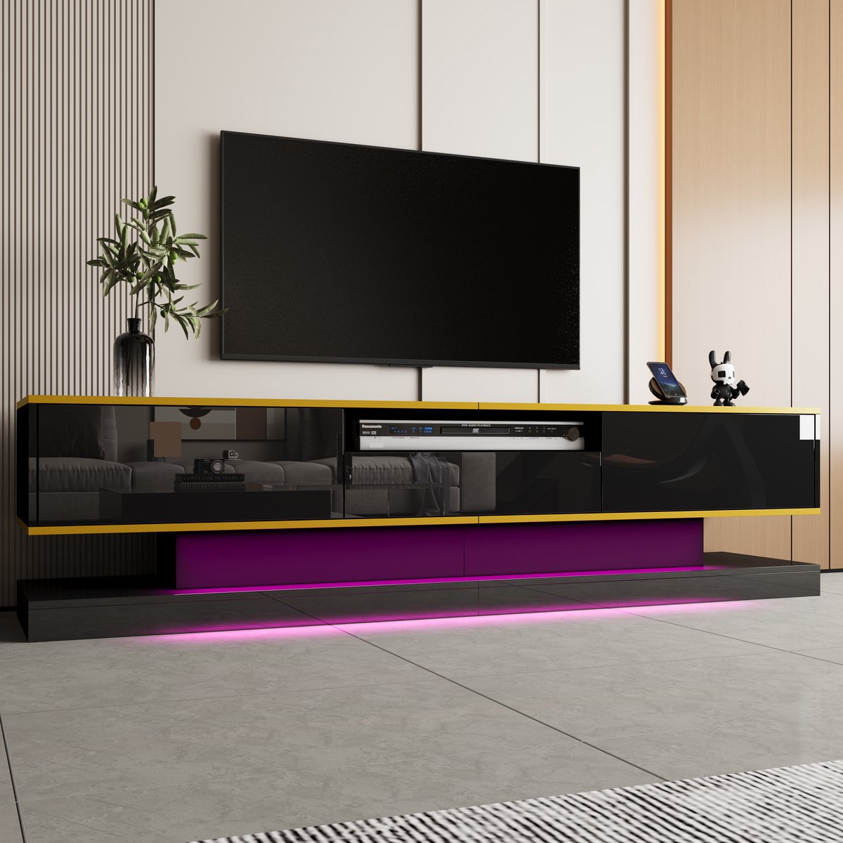REDOM TV-meubel - spaanplaat - met lades en gouden decorleiste - 180*38*45cm Black,Gold Zwart+Goud