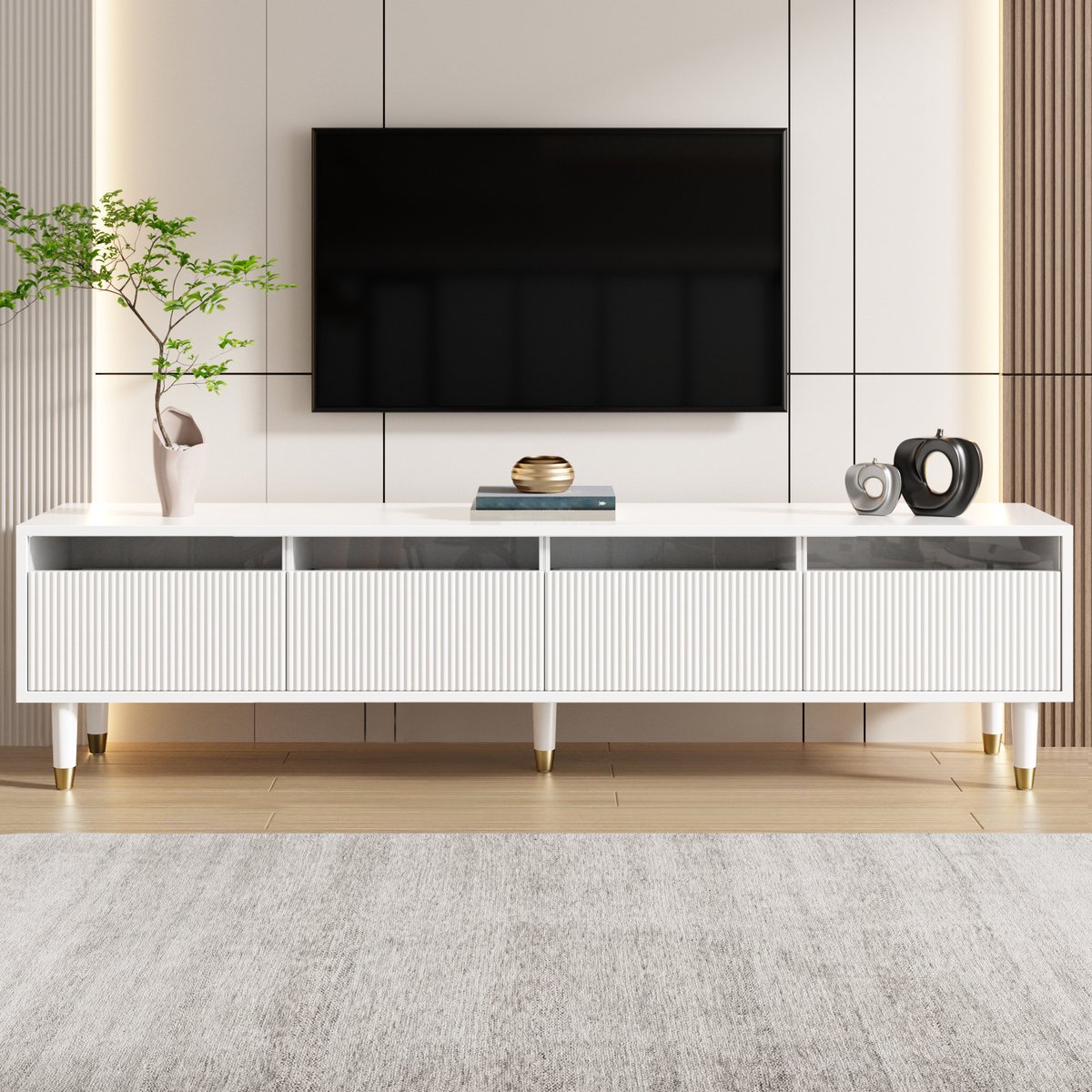 Wishdor Tv-Meubel - 4 Lades - Kabeldoorvoer - Mdf - Wit - 178 X 35 X 45 Cm