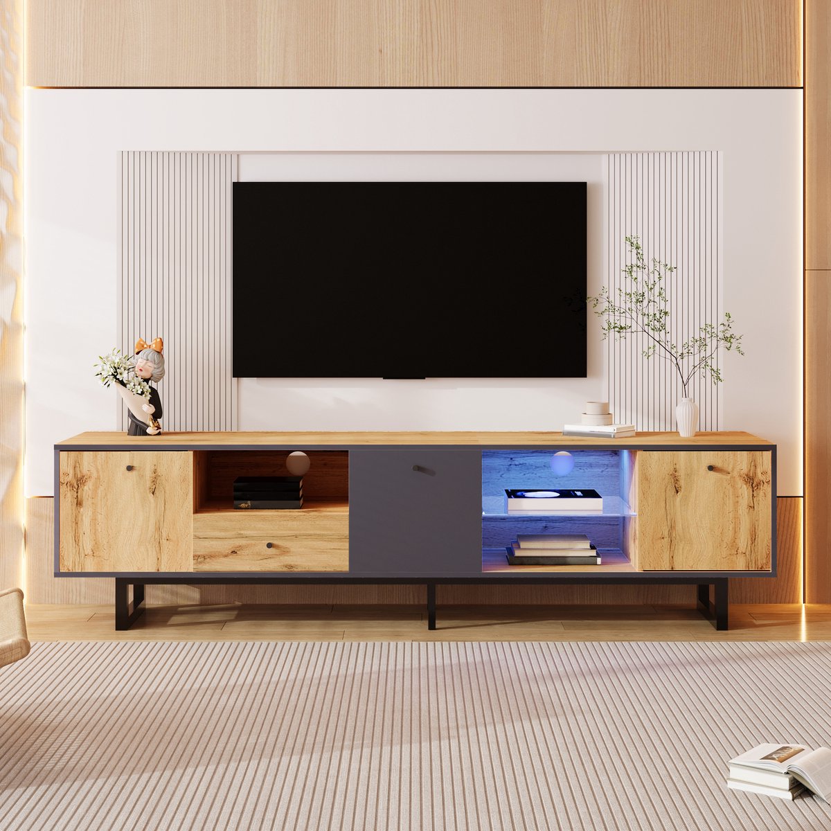 Wishdor Tv-Meubel - Met Ledverlichting - Glazen Legplanken - Gedempte Scharnieren - Spaanp