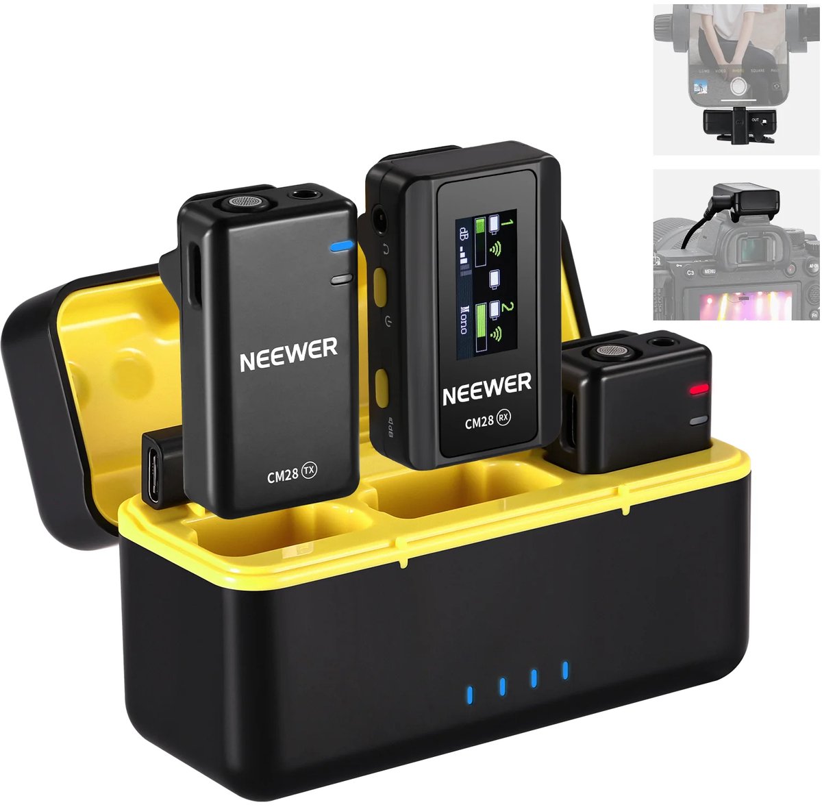 NEEWER CM28 (1 RX + 2 TX + oplaadkoffer), draadloze lavaliermicrofoon, 48 kHz/16 bit, 9 uur ongecomprimeerde opname, 656 voet/200 m bereik, lavaliermicrofoon voor iPhone, Android, camera