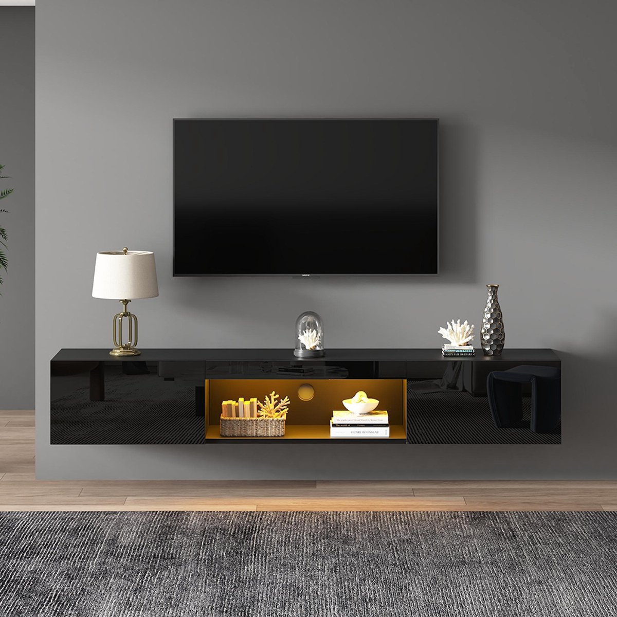 KOMHTOM Glanzende hangende tv-meubel 160*31*22 cm, tv-meubel en tv-meubel met ledverlichting, laag tv-meubel, tv-tafel, tv-meubel, tv-commode, tv-wandhouder, voor 70 inch tv's, draagvermogen 35 kg, zwart