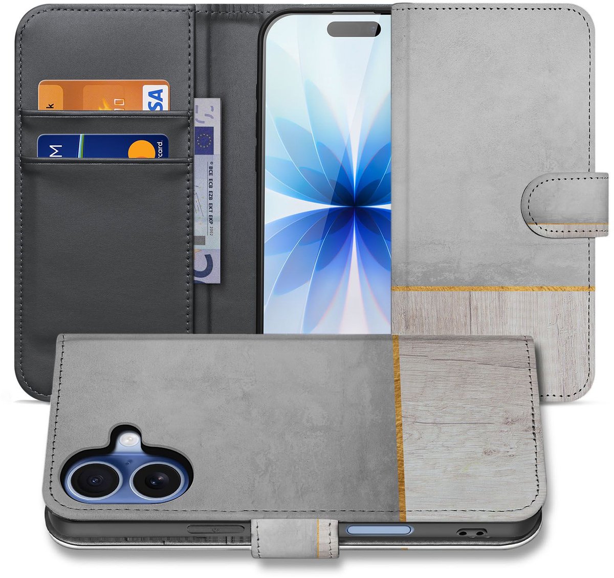 Book Case iPhone 17 Wood Concrete Met Pasjeshouder