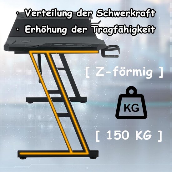 Gamer Bureau Zwart 140x60 cm met LED Verlichting - Ergonomische PC Tafel — afbeelding 2