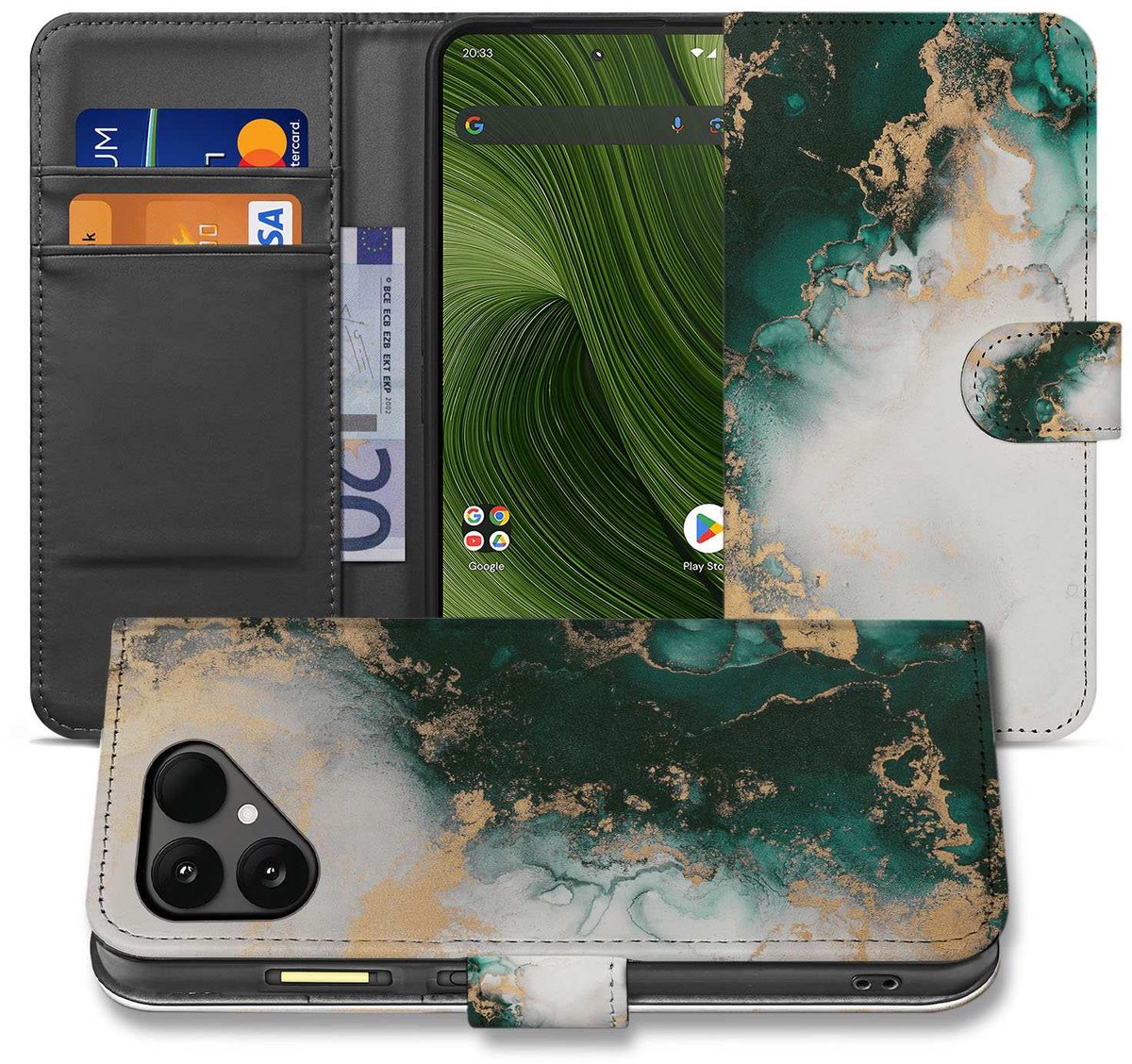 Book Case Fairphone 6 Marmer Groen PU Leer 3 Pasjes