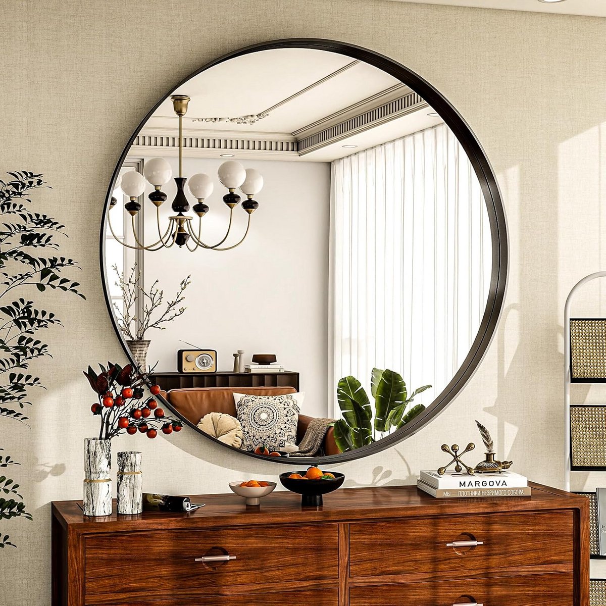 Ronde Badkamerspiegel 90cm - Zwart Metalen Diep Frame Wandspiegel - Decoratief voor Woonkamer & Hal