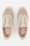 Bovenaanzicht van taupe Skechers GOwalk Flex instappers met vetersluiting en roze 'Slip-ins' binnenzool.