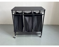 Wasverzamelaar met 3 vakken op wielen – Wasmand sorteerwagen met deksel – Verrijdbare wasmand – Zwart metalen frame