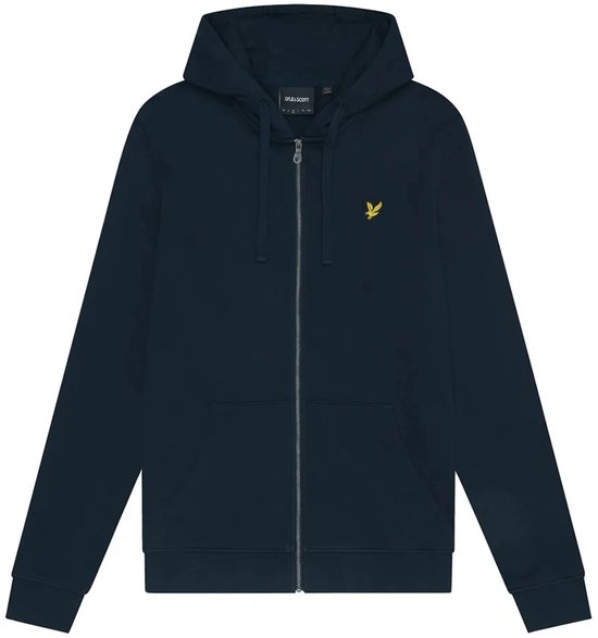 Donkerblauwe Lyle & Scott hoodie met rits en het iconische gouden adelaartje op de borst.