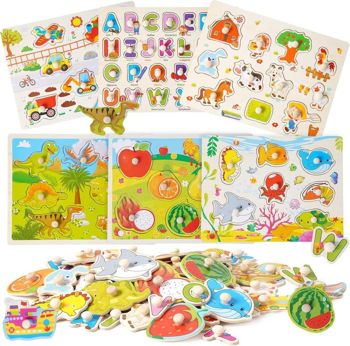 Houten Puzzels voor Kinderen - Educatief Speelgoed met Diverse Thema's zoals Boerderij, Verkeersvoertuigen, Alfabet, Insecten, Zeedieren en Dinosaurussen - Perfect als Cadeau voor Jongens en Meisjes van 1 tot 4 Jaar