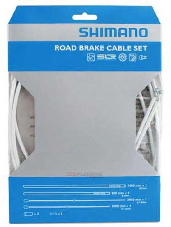 Shimano Road remkabelset in blauwe en witte verpakking, met witte kabels.