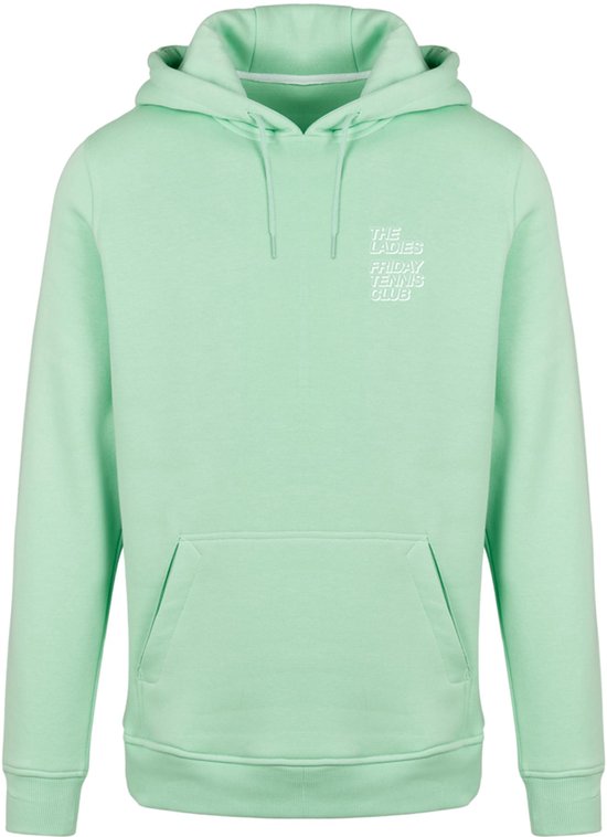 Lichtgroene hoodie met een kleine tekst op de borst.