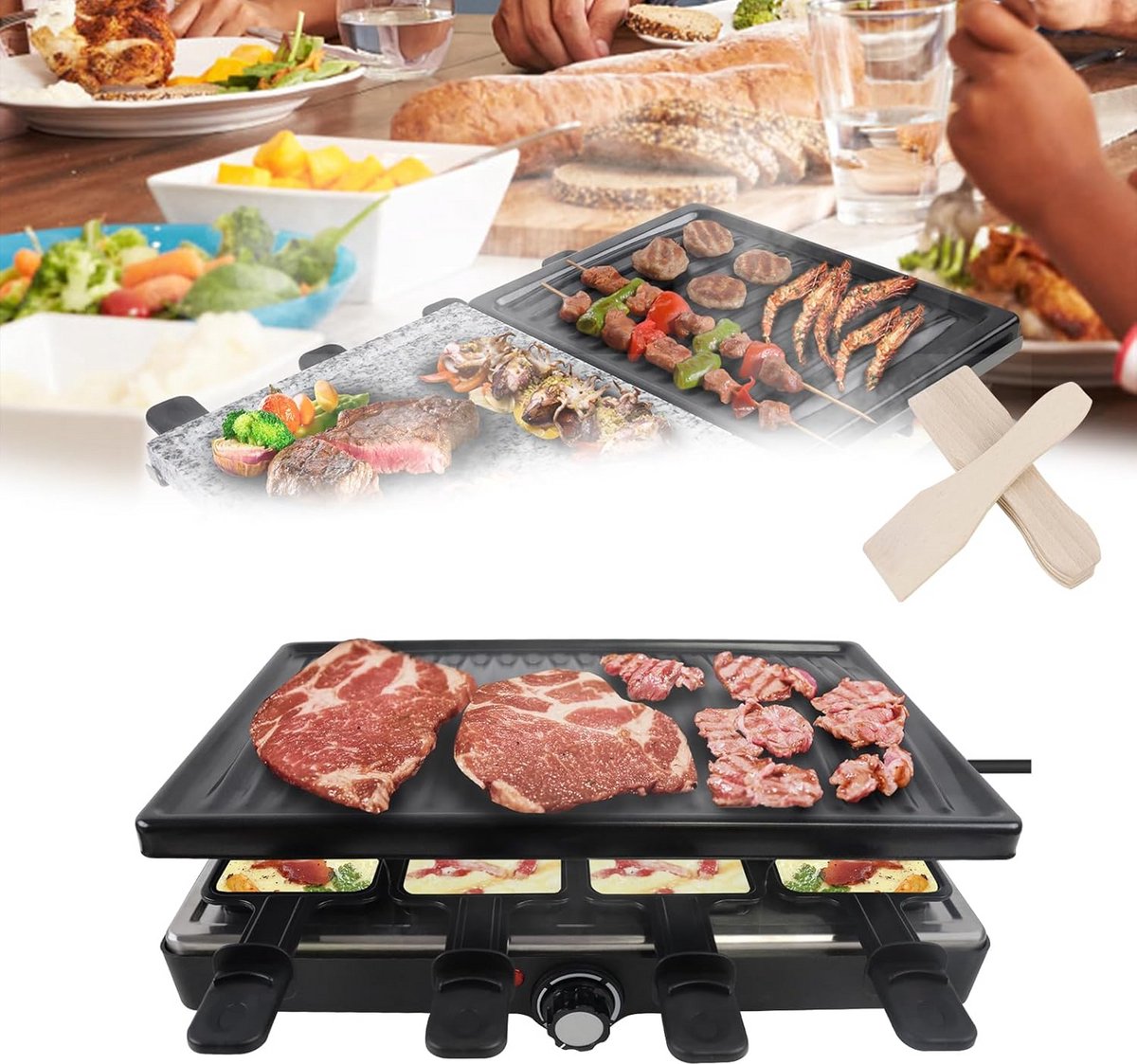 Elektrische Raclettegrill voor 8 Personen met Natuurlijke Grillsteen en Antiaanbaklaag