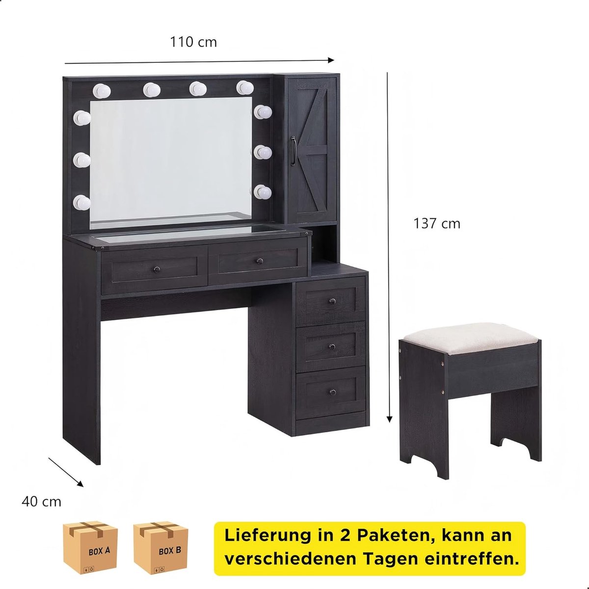Make-uptafel met Verlichte Spiegel & Laadstation – Urbanhome BelleCharm Zwart Kaptafel met Kruk – Landhuis Design – LED Spiegel met Touch & 3 Lichtstanden – Grote Kaptafel met Laden – 110x40x137 cm