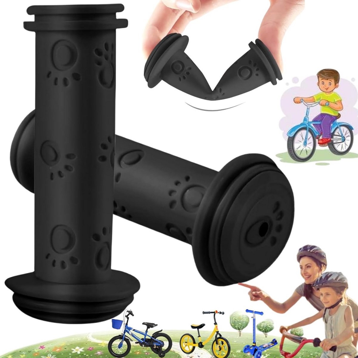Weploda 1 paar antislip rubberen handvatten voor kinderen, Kinderfietsstuurgrepen, 22 mm kinderfietshandvatten, Leuke kinderfietsstuurhoes, Geschikt voor kinderfietsen en kinderscooters(Zwart)