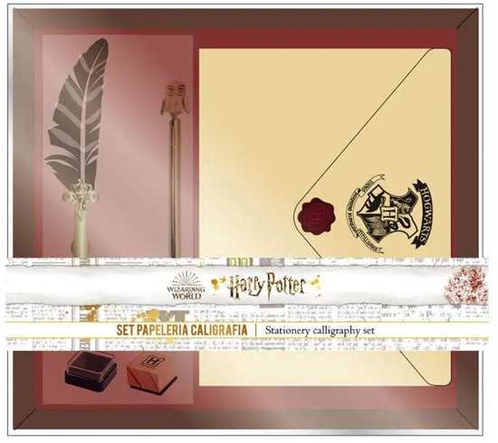 Harry Potter kalligrafie set met veerpen, gouden pen met uil, waxzegel, inkt en notitieboek.