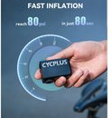 Hand houdt zwarte CYCPLUS pomp vast bij een snelheidsmeter-illustratie. "FAST INFLATION reach 80 psi in just 80 sec".