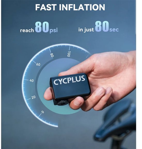 Hand houdt zwarte CYCPLUS pomp vast bij een snelheidsmeter-illustratie. "FAST INFLATION reach 80 psi in just 80 sec".