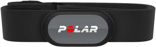 Zwarte Polar borstband met grijze sensor, witte opdruk "POLAR" met rode stip.