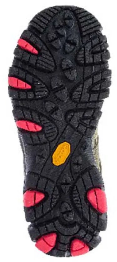 Onderkant van een olijfgroene Merrell wandelschoen met rood-zwarte zool.