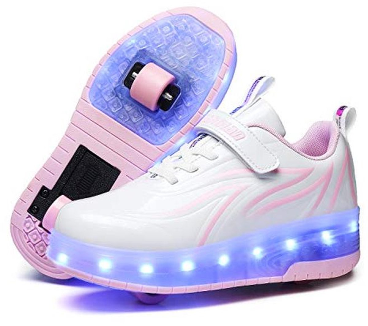 Unisex kinderlicht skateboardschoenen met dubbele wieltjes en stijlen met drukknop
