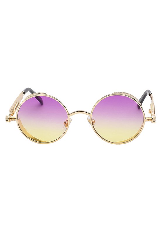KIMU® Ronde Bril Steampunk Vintage - Goud Montuur Rond - Paars Gele Glazen - Gouden Zonnebril - Retro Hippie Uv Paarse Gradient Geel Festival — afbeelding 3