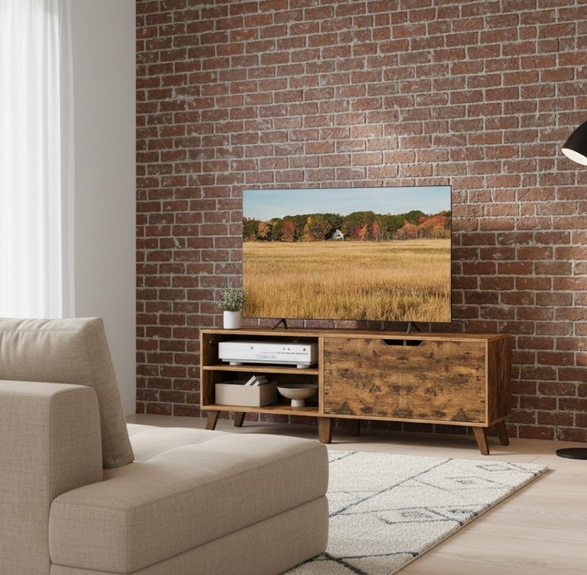 Vintage TV-meubel 140 cm – Tv-kast met 2 deuren en verstelbare planken – Geschikt voor televisies tot 60 inch – Ruimte voor apparatuur en accessoires – Woonkamer, Slaapkamer en Eetkamer – Bruin Depauwwonen
