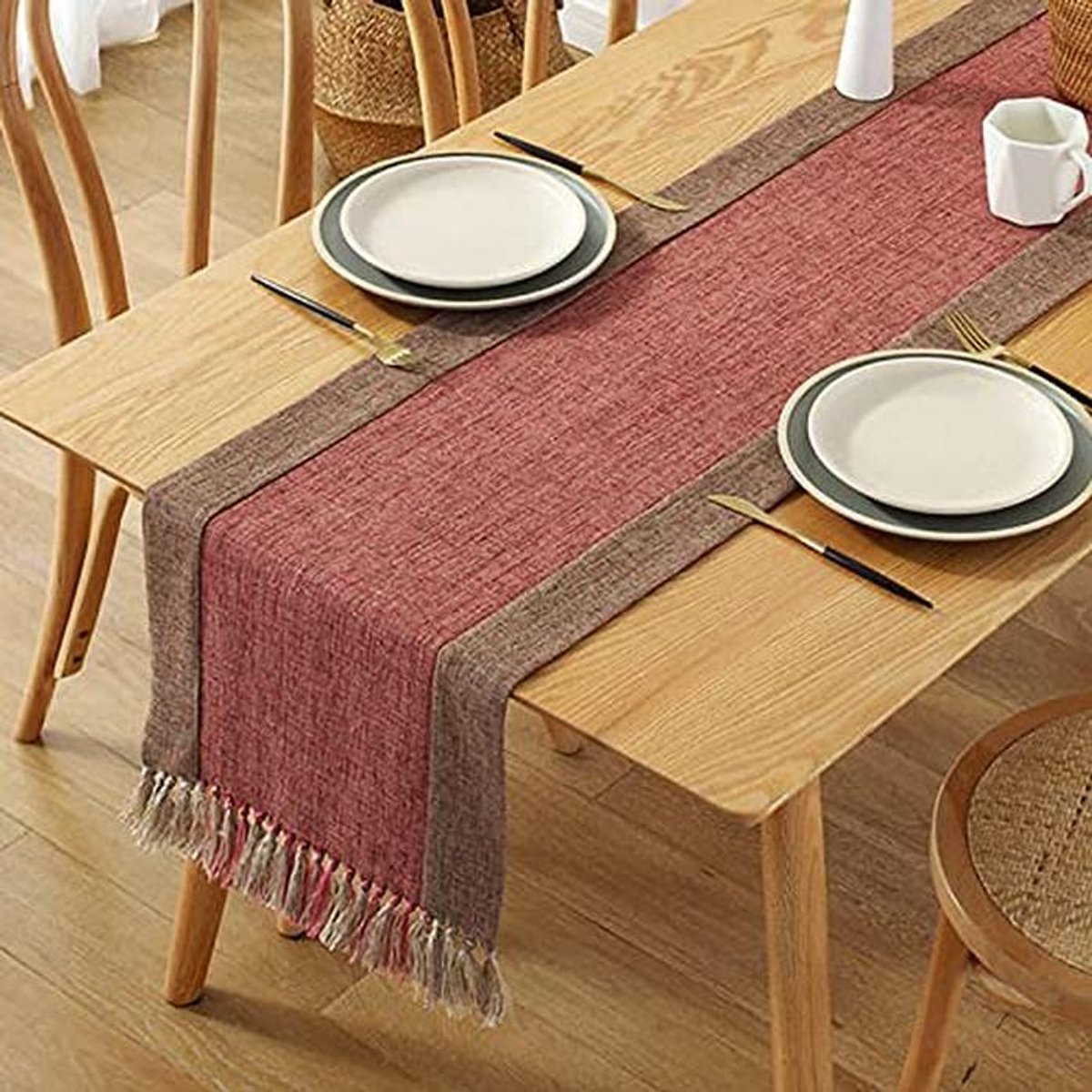 Tafelloper van Katoen Linnen met Tassels voor Eettafel - Rood Bruin, 38 x 200 cm