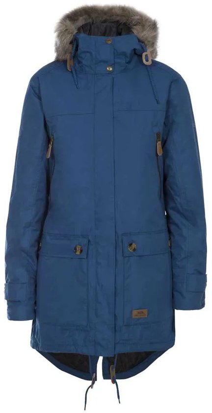 Blauwe Trespass damesparka met capuchon en bontkraag, twee klepzakken en ritszakken.