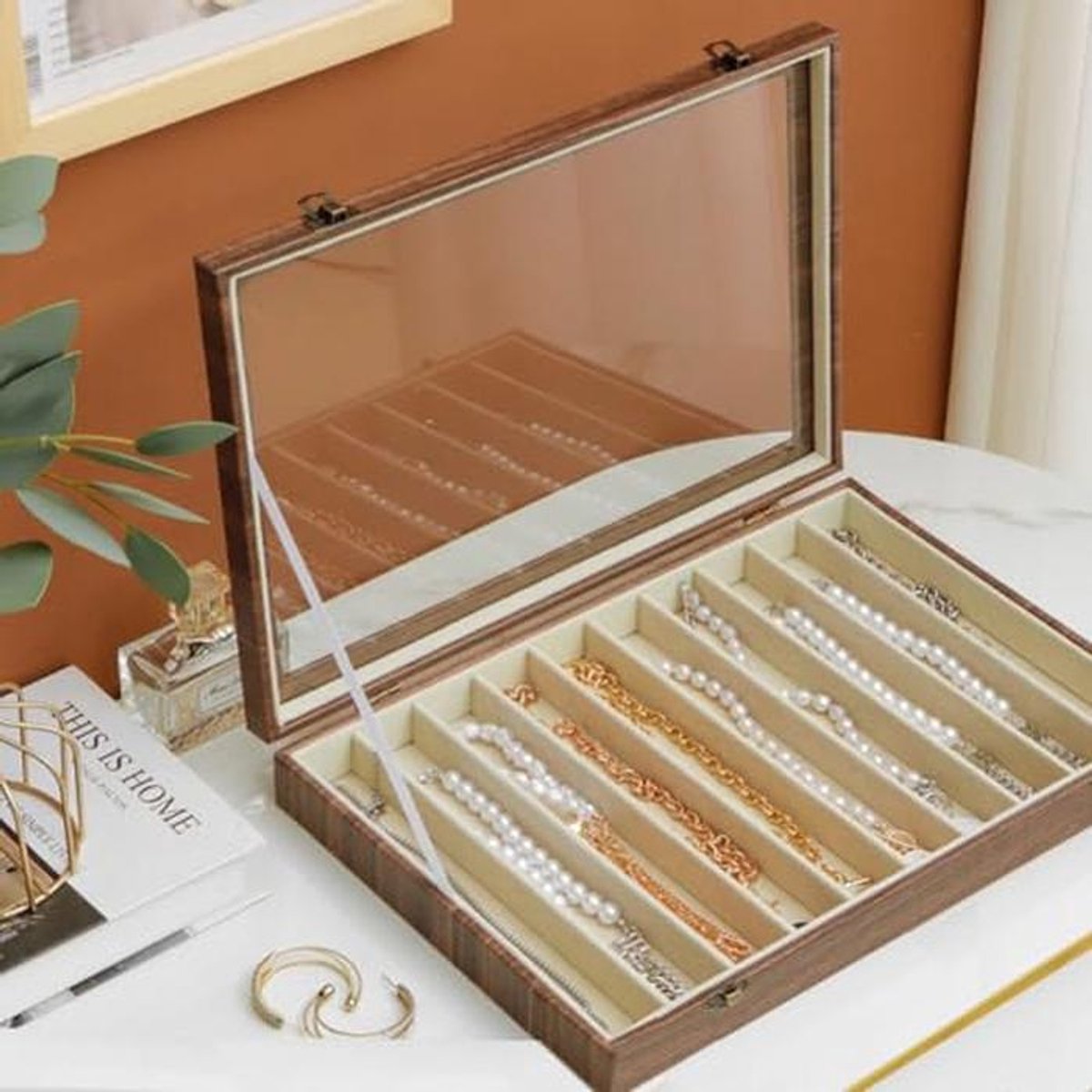 Transparante Glazen Deksel Ketting Organizer Box - Fluwelen Sieraden Vitrine voor Vrouwen en Meisjes