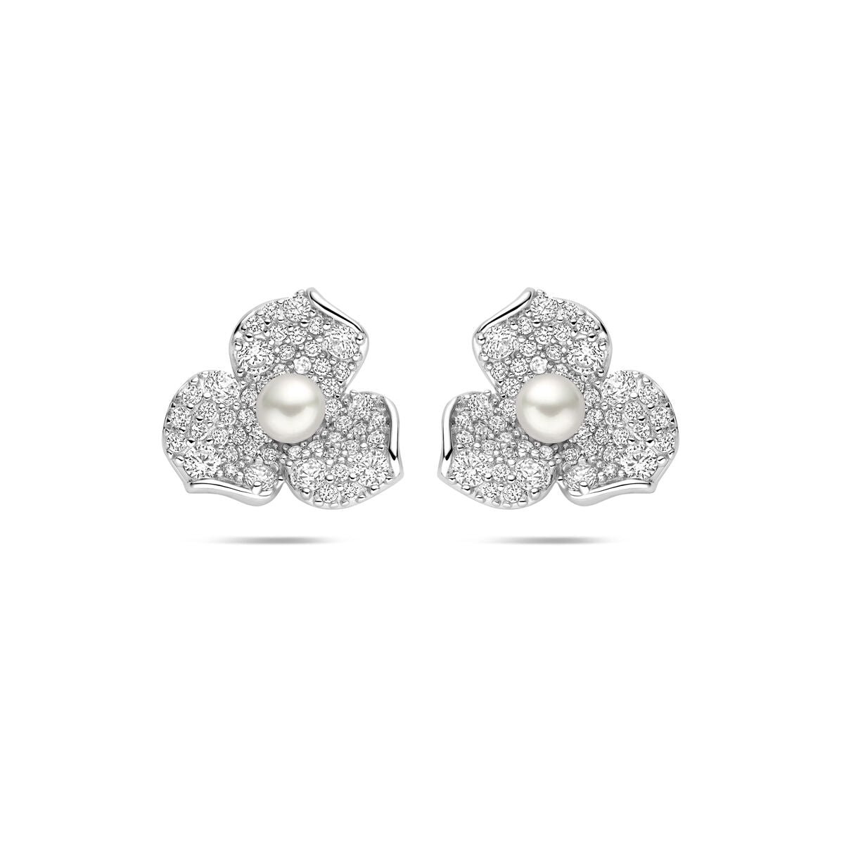 Zilveren gerhodineerde oorknoppen bloem parel en zirkonia 12 mm - 134