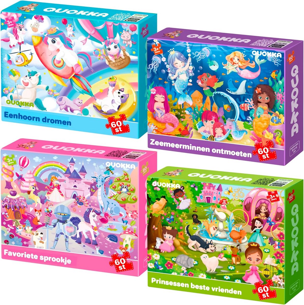 Kleurrijke Puzzels voor Meisjes - 4 Sets van 60 Stukjes voor Kinderen van 4 tot 8 Jaar - Educatieve Spellen met Prinsessen, Zeemeerminnen en Eenhoorns