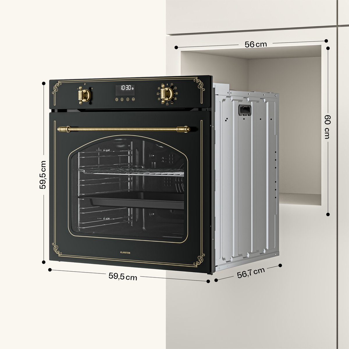 Klarstein Inbouwoven Victoria Pyro elektrische oven - 76 liter , retro design, 11 standen, pyrolytische reiniging, geëmailleerde binnenkant, viervoudige beglazing, energieklasse A, geïntegreerde enkele oven, zwart - voor Keuken - Pyrolyse – foto 3