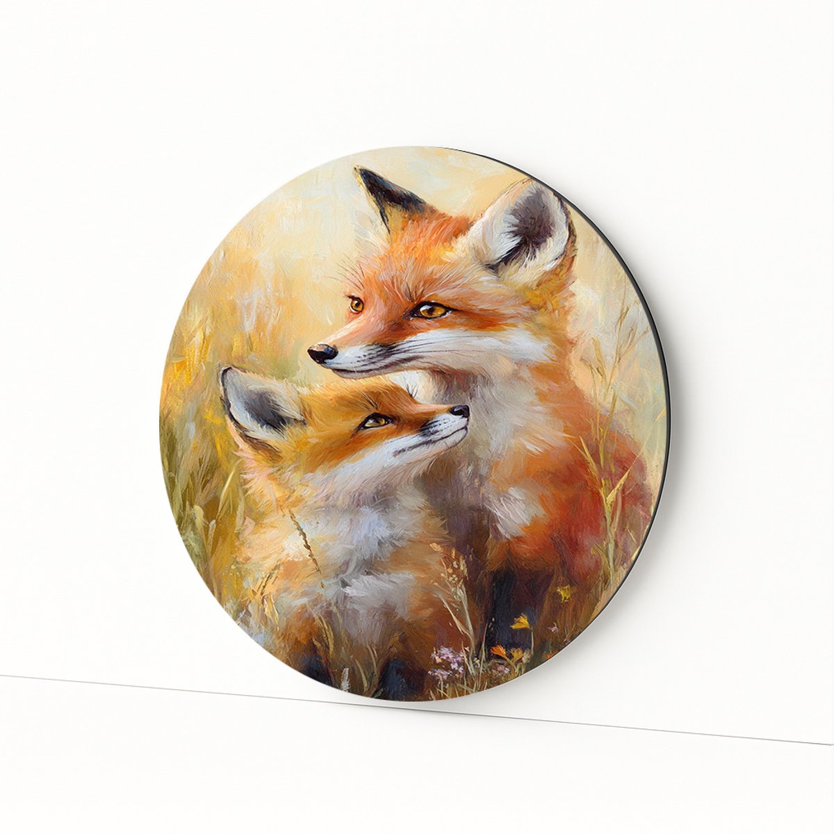Vossen in veld - Wandkunst rond - Dibond muurcirkel - 60x60 cm