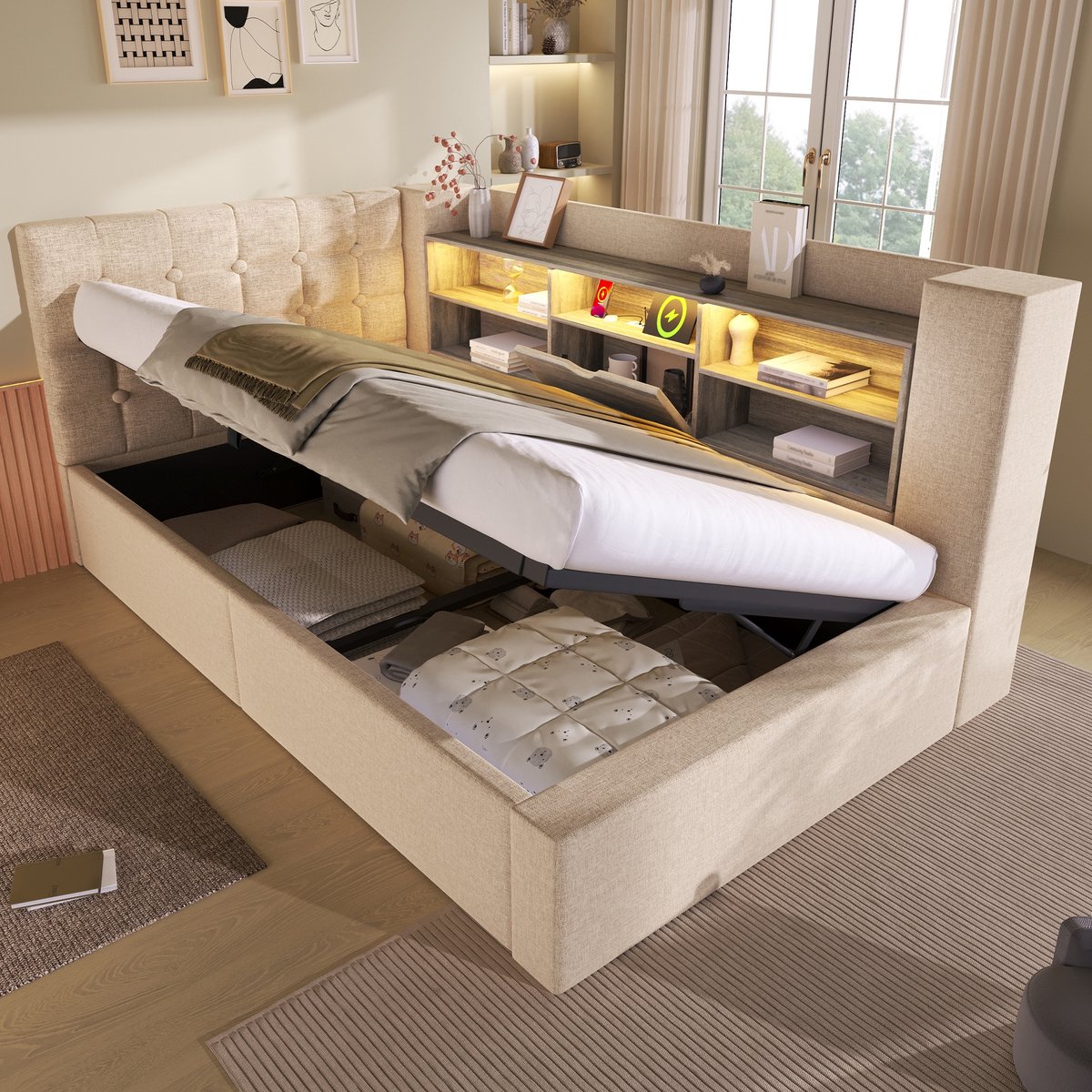 Sweiko Gestoffeerd bed - 90x190 cm - LED-verlichting - Opbergruimte - Slaapbank - Linnen - Beige