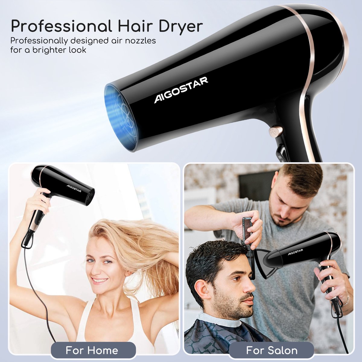 Aigostar Fohn - Lora 33LNK - Haardroger - Fohn met diffuser - Ionische Fohn - Professionele Fohn - 2400 Watt - Zwart thumbnail 3