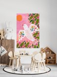 IXXI wanddecoratie met illustratie van witte vogel op roze achtergrond in kinderkamer.