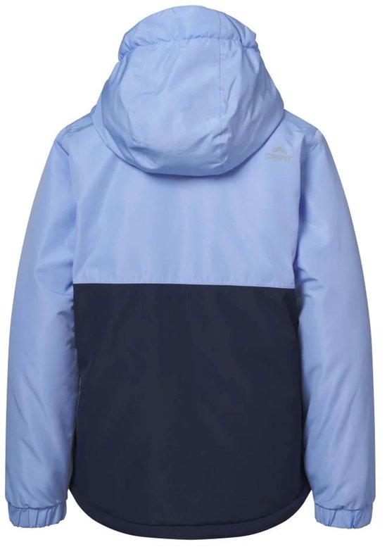 Achterkant lichtblauwe en donkerblauwe kinder ski jas met capuchon. Merklogo op de rug.