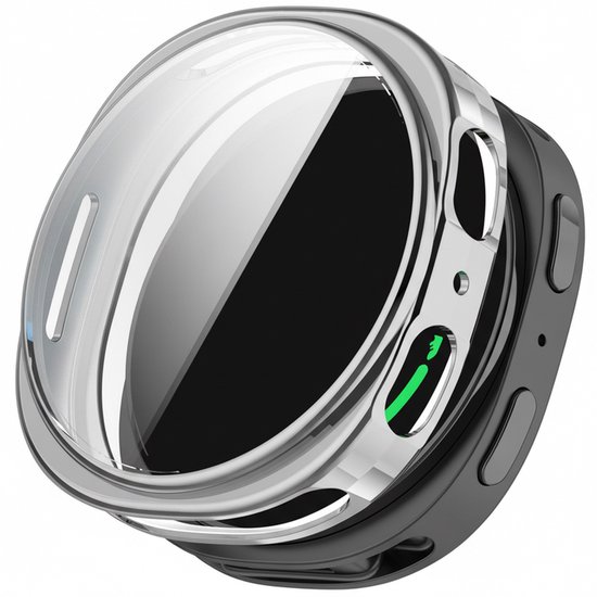 Zilverkleurige, doorzichtige TPU-beschermhoes voor een smartwatch. De hoes bedekt de zijkanten en het scherm.