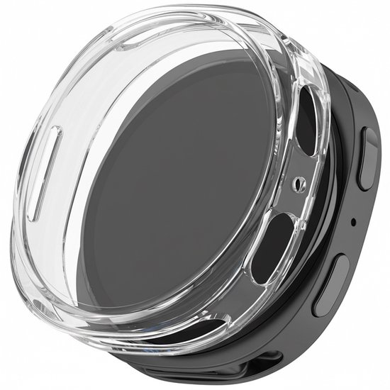 Transparante TPU hoes om een donkergrijze smartwatch. De hoes bedekt de zijkanten en voorkant.