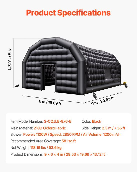 VEVOR Opblaasbare Feesttent Nachtclub 9x6x4 M Kubustent met 1100w Blower van Vevor — afbeelding 5