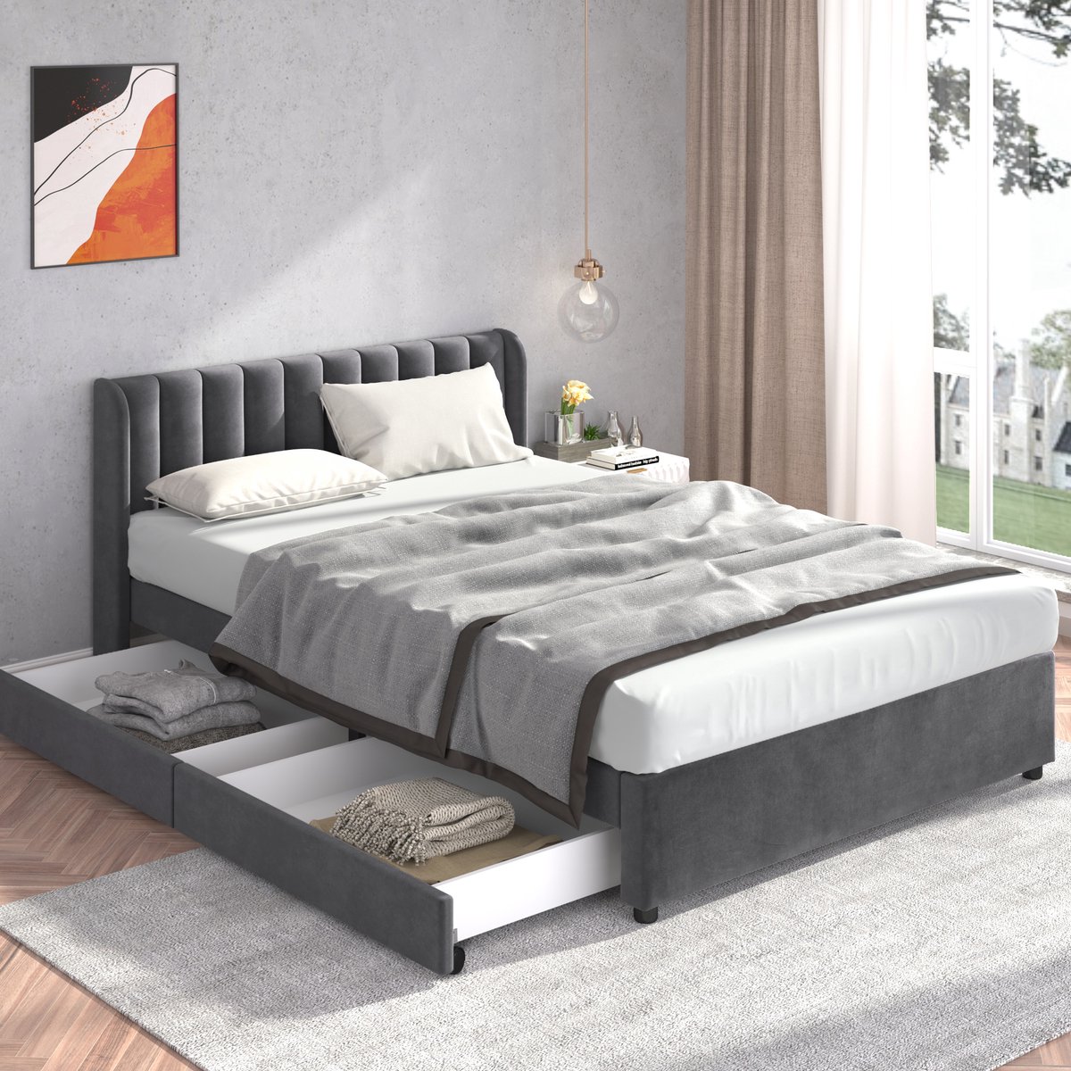 STILVORA Gestoffeerd Bed 140x200 cm – Tweepersoonsbed Met 2 Lades & Lattenbodem – Opbergruimte Voor Slaapkamer/Gastkamer – Fluweel – Grijs – Zonder matras