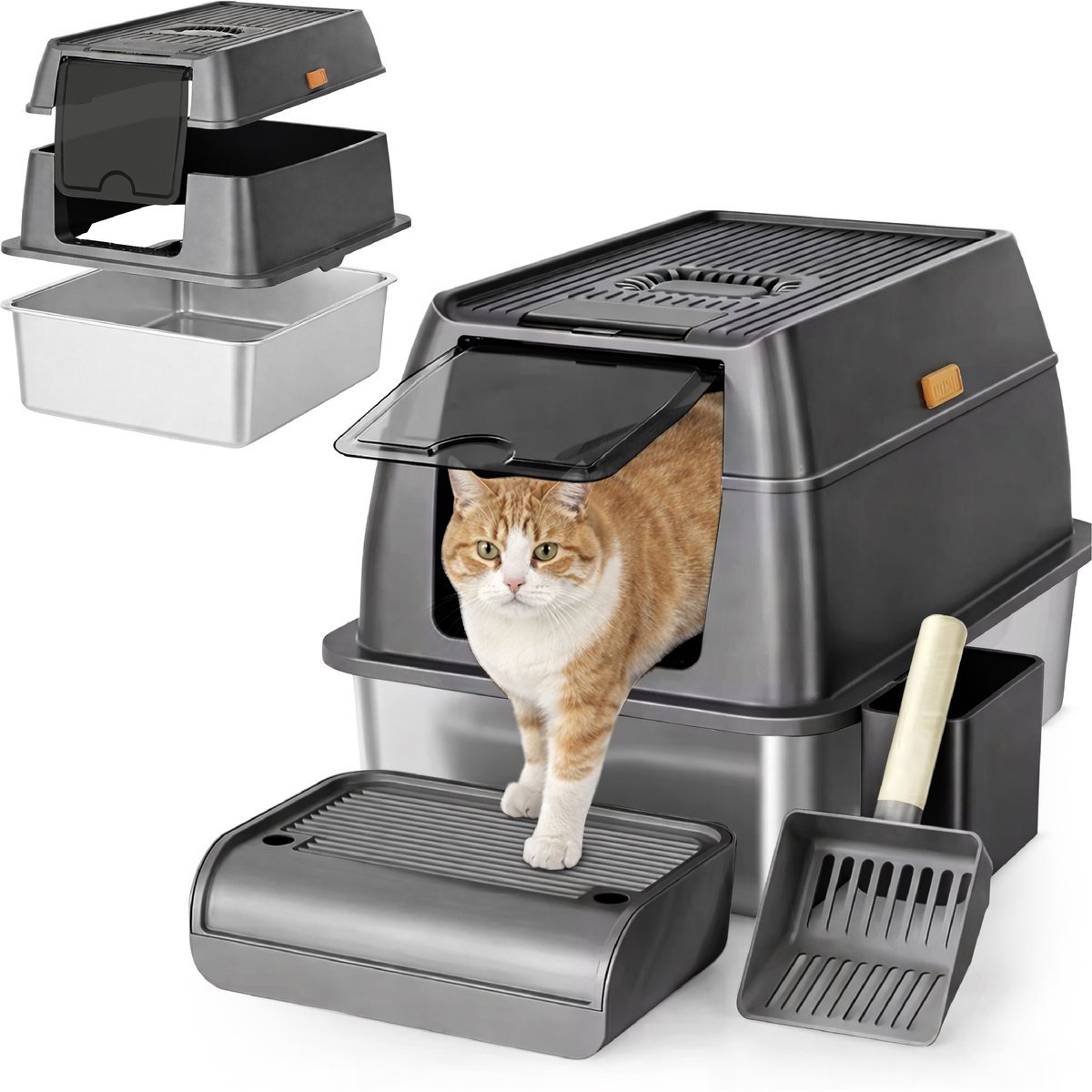 ADSafety Kattenbak RVS - Kattentoilet Roestvrijstaal - Incl. Kattenbakschep met Houder en Gritopvang Opstapje - 2 in 1 Open Kattenbak met Afneembare Deksel - 60x40x38cm - Donkergrijs van ADSafety