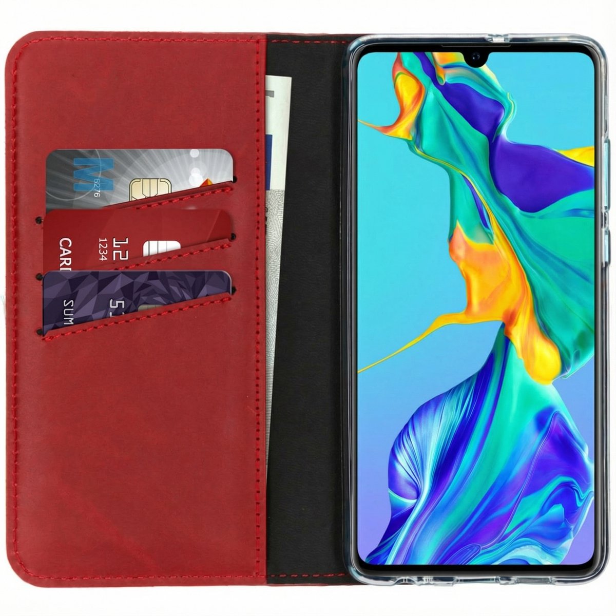 Selencia Hoesje - Geschikt voor Huawei P30 - Echt Lederen Bookcase - Rood