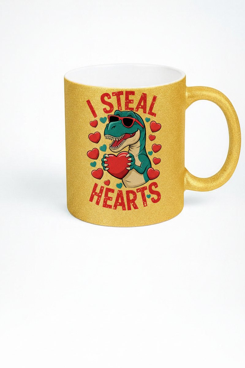 Gouden Glitter Mok met T-Rex 'I Steal Hearts' - Grappig Valentijn Dinosaurus Cadeau