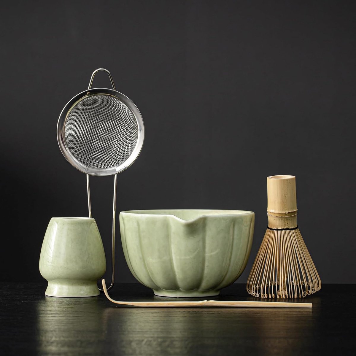 5-delige Matcha Wisk Set Vlekkerig Groen - Keramische Kom & Bamboe Gereedschap