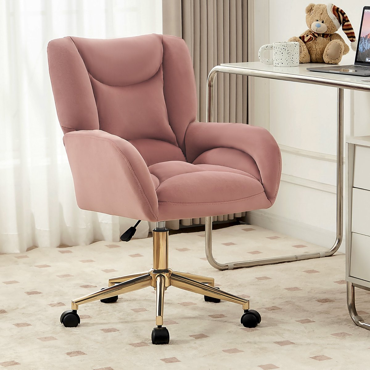 OKWISH Bureaustoel – Fluwelen Bekleding – Verstelbare Zithoogte & 360° Draaibare Wielen – Met Metalen Frame En Gouden Basis – Roze