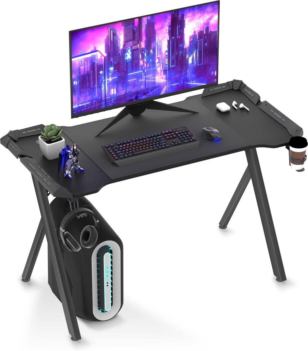 Aufun gaming desk bureau – 120x60 cm – Y-frame – met koptelefoonhaak en koolstofvezelcoating – zwart