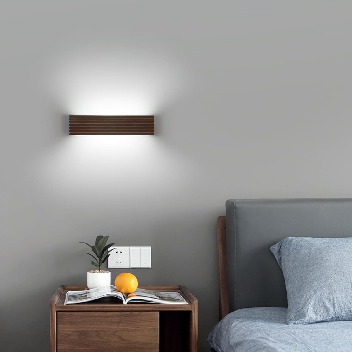 Scandinavische LED-spiegelwandlamp van walnoothout, 34,5 x 8 x 8 cm, 18 W, koel wit licht 6500K, CRI 80, 220 V, Europa
